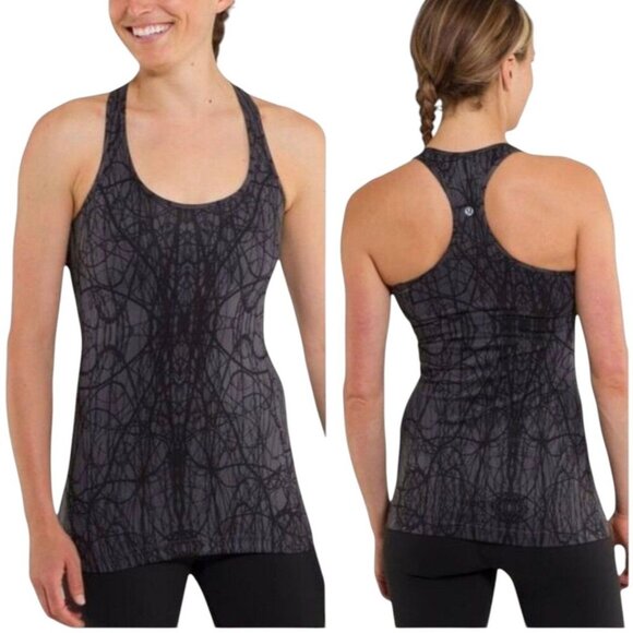 Lululemon Cool Racerback Coal Ground Nesting Black Bird Womens Size 8/10 Gym - Picture 1 of 6